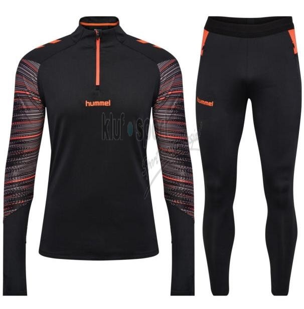 Męski dres treningowy Hummel Blaze Pro – czarna bluza z krótkim pomarańczowym zamkiem i wzorem na rękawach oraz dopasowane czarne spodnie dresowe.