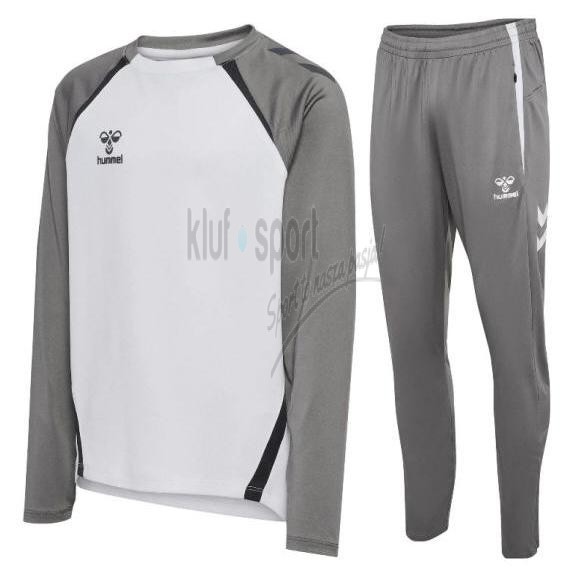 Męski dres treningowy Hummel Lead 2.0 – jasnoszara bluza typu sweatshirt z białymi rękawami oraz szare zwężane spodnie dresowe.