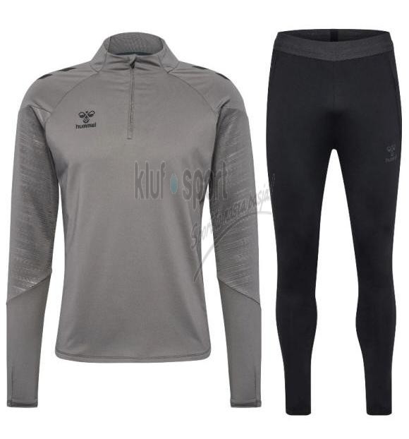 Męski dres treningowy Hummel Pro Training – popielata bluza z krótkim zamkiem 1/2 zip oraz dopasowane czarne spodnie dresowe z technicznego materiału z recyklingu.