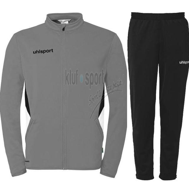 męski dres treningowy uhlsport Equipe 29. popielata rozpinana bluza z akcentami i czarne spodnie classic