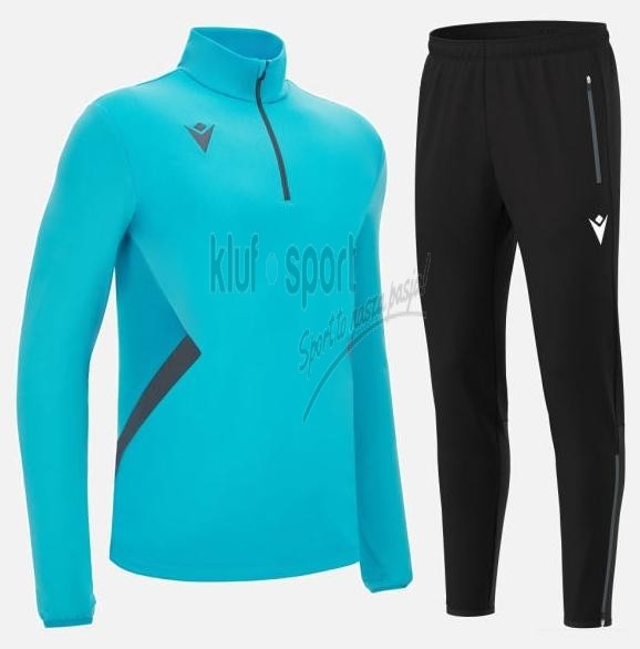 Męski dres treningowy Macron Fraser Victory z niebieską bluzą 1/4 zip i czarnymi spodniami sportowymi.