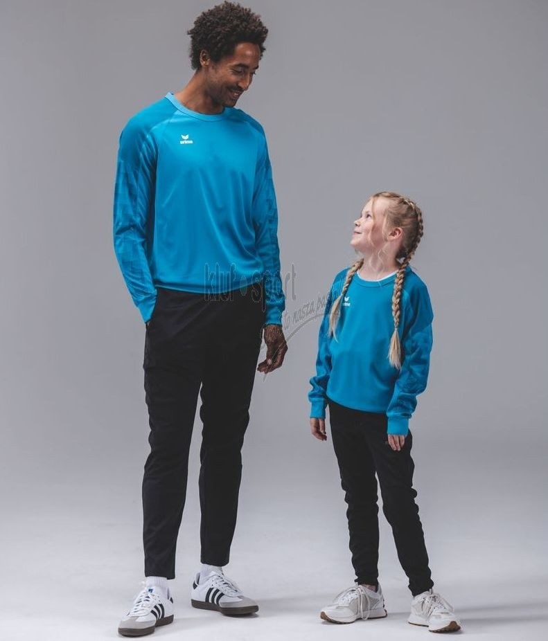 Męski dres treningowy Erima Evo Star – turkusowa bluza typu sweatshirt z okrągłym dekoltem oraz dopasowane czarne spodnie sportowe.