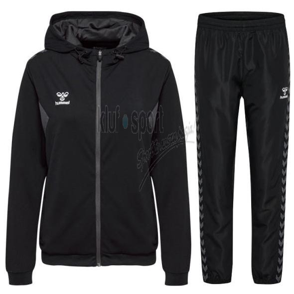 Damski dres reprezentacyjny Hummel Authentic w kolorze czarno-popielatym składający się z rozpinanej bluzy z kapturem oraz spodni z mikrofibry