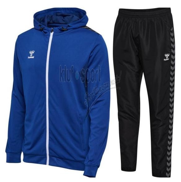 Męski dres reprezentacyjny Hummel Authentic składający się z niebieskiej rozpinanej bluzy z kapturem oraz czarnych spodni wyjściowych z mikrofibry