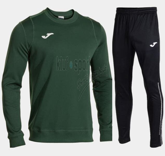 Męski dres treningowy Joma Stimulus – zielona bluza treningowa wkładana przez głowę z czarnymi detalami oraz dopasowane czarne spodnie dresowe.