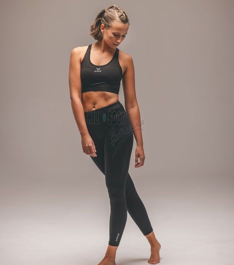 Czarny komplet fitness damski Erima – elastyczny biustonosz sportowy z logo oraz dopasowane legginsy treningowe z wysokim stanem.