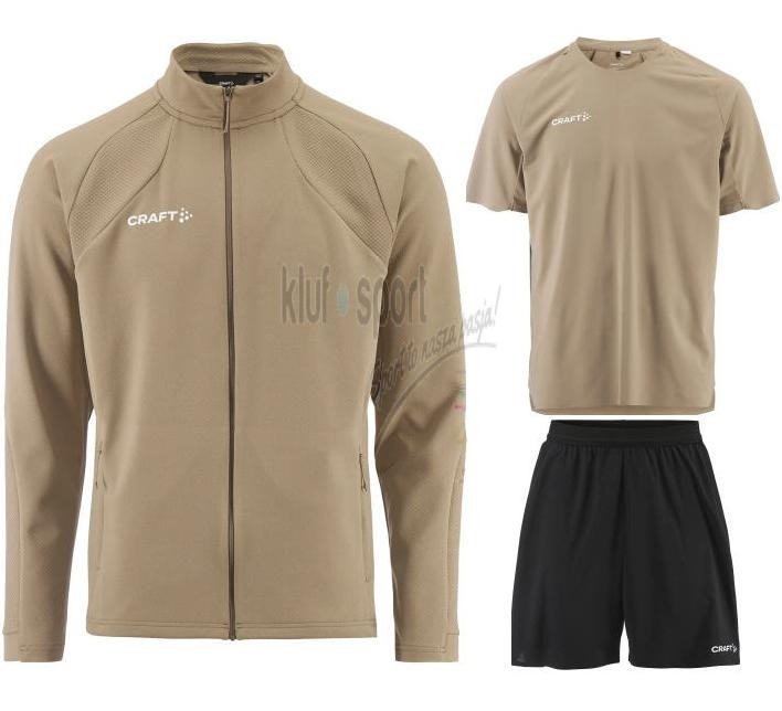 Męski komplet sportowy Craft Extend 2.0 – beżowa rozpinana bluza, beżowa koszulka meczowa i czarne spodenki treningowe z białymi detalami.