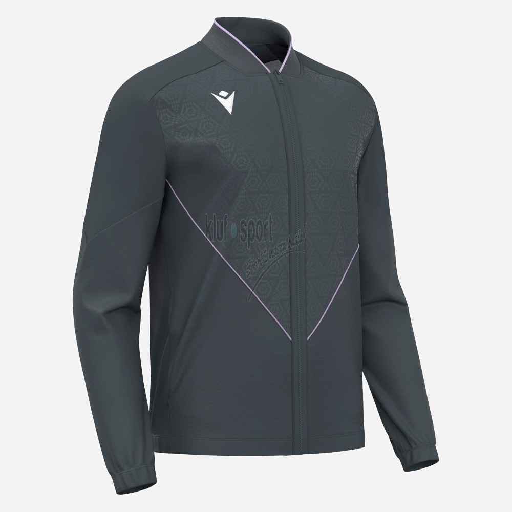 Antracytowa męska bluza sportowa Macron Morpheus – model rozpinany z fioletową lamówką, geometrycznym wzorem na piersi i białym logo Macron Hero.
