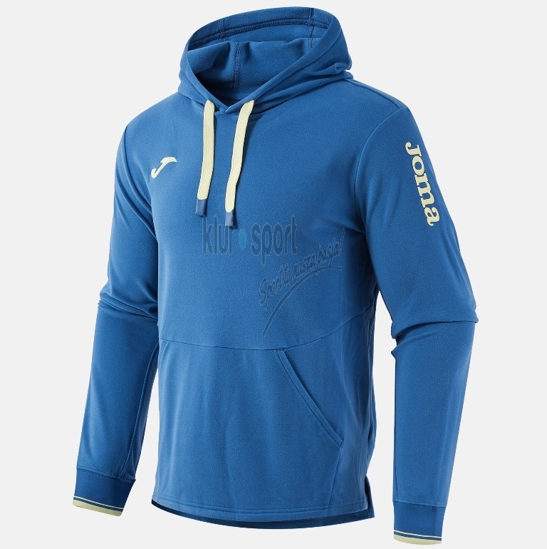 Niebieska męska bluza z kapturem Joma Invictus – sportowe hoodie z kieszenią typu kangurka i kontrastowymi sznurkami.