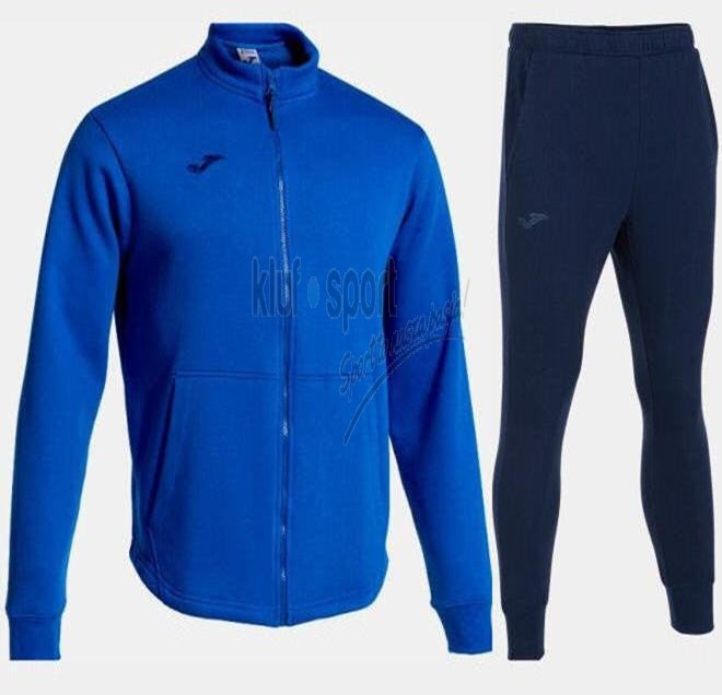Męski dres bawełniany Joma Confort – niebieska bluza sportowa zapinana na zamek oraz granatowe spodnie dresowe ze ściągaczami i logo Joma.
