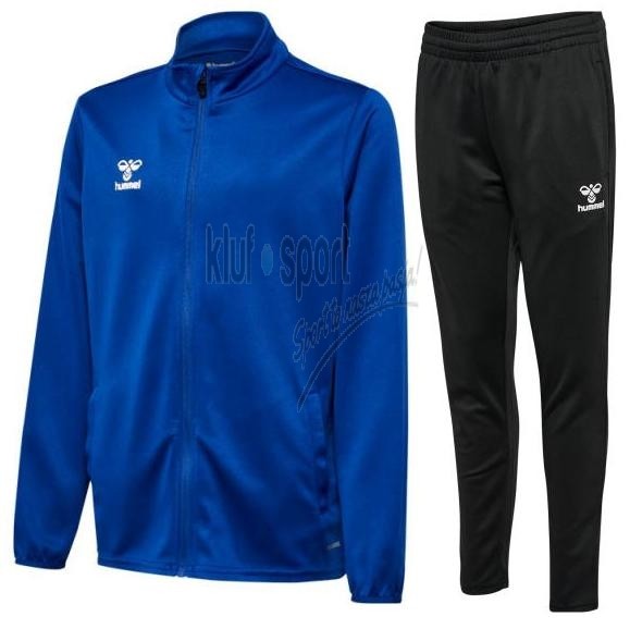 Męski dres treningowy Hummel Essential – niebieska bluza sportowa z pełnym zamkiem błyskawicznym i stójką oraz dopasowane czarne spodnie z białym logo.