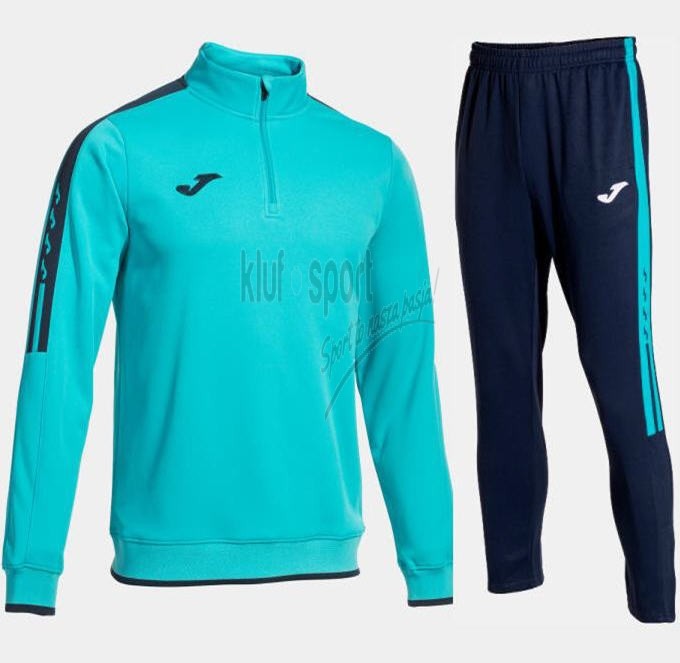 Męski dres treningowy Joma Olimpiada – turkusowa bluza z krótkim zamkiem pod szyją i granatowe spodnie treningowe z turkusowymi detalami.