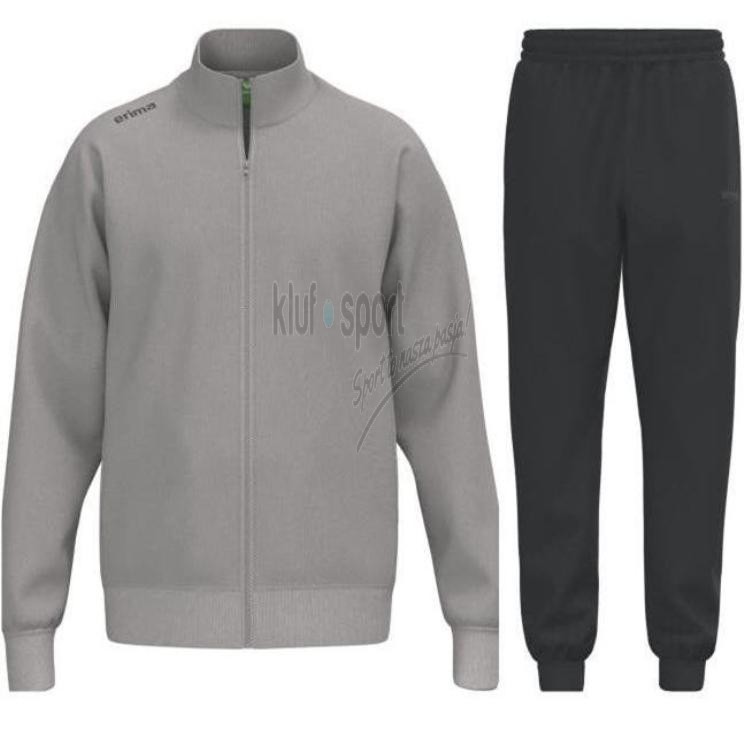 Męski dres bawełniany Erima TS Basic – popielata bluza sportowa zapinana na zamek oraz czarne spodnie dresowe ze ściągaczami.