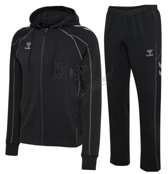 Męski czarny dres sportowy Hummel Move 2.0 Cotton – rozpinana bluza z kapturem oraz dopasowane spodnie dresowe z białym logo i szarymi szewronami.
