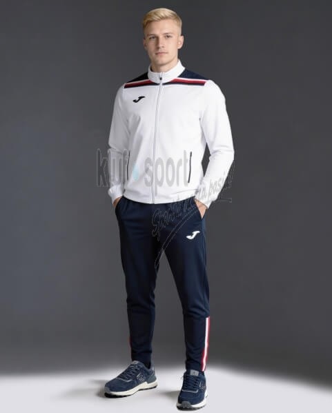Męski dres tenisowy Joma Toledo II – biała bluza treningowa zapinana na pełny zamek oraz granatowe spodnie tenisowe 