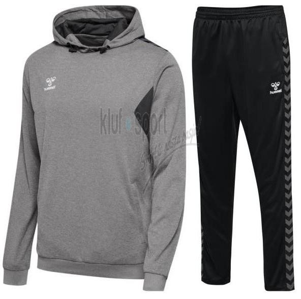 Męski dres treningowy Hummel Authentic – szara bluza z kapturem (hoodie) i czarne spodnie treningowe z szarymi szewronami na boku.