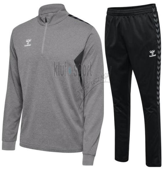 Męski dres treningowy Hummel Authentic – szara rozpinana bluza z czarnymi szewronami na rękawach i czarne spodnie dresowe.