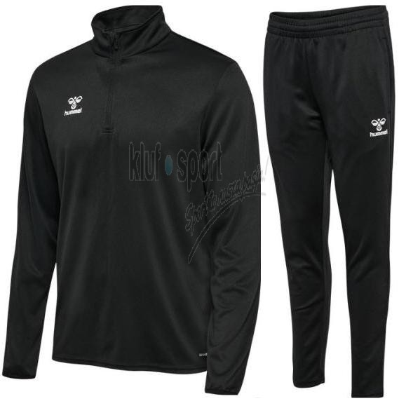 Męski dres treningowy Hummel Essential w kolorze czarnym – bluza z wysoką stójką i krótkim zamkiem 1/2 oraz techniczne spodnie sportowe.