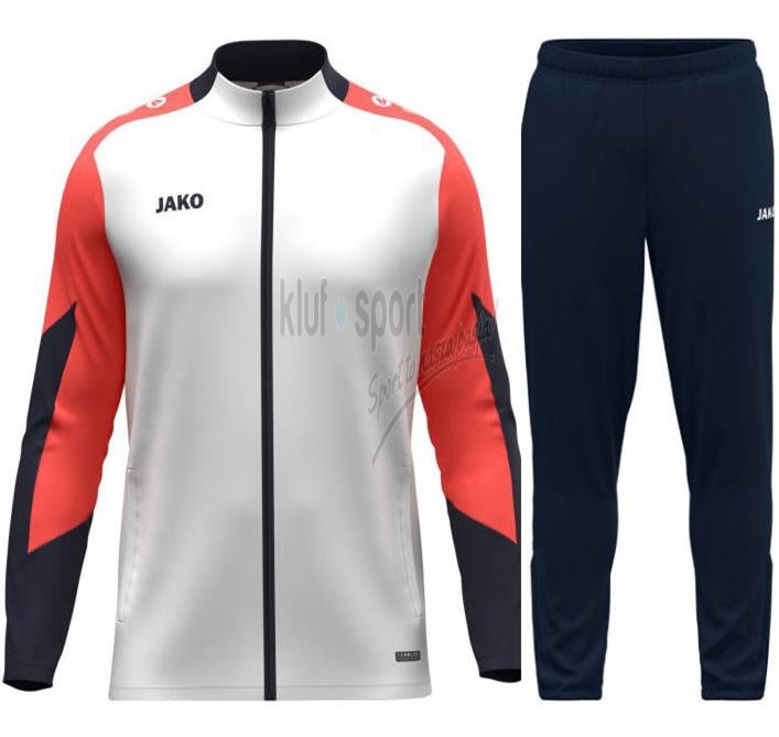 Męski dres treningowy Jako Dynamic – biało-pomarańczowa bluza sportowa zapinana na zamek oraz granatowe spodnie treningowe z logo Jako.