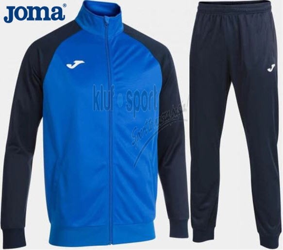 Męski dres treningowy Joma Academy IV – niebieska bluza sportowa z białymi wstawkami na rękawach oraz granatowe spodnie dresowe z logo Joma.
