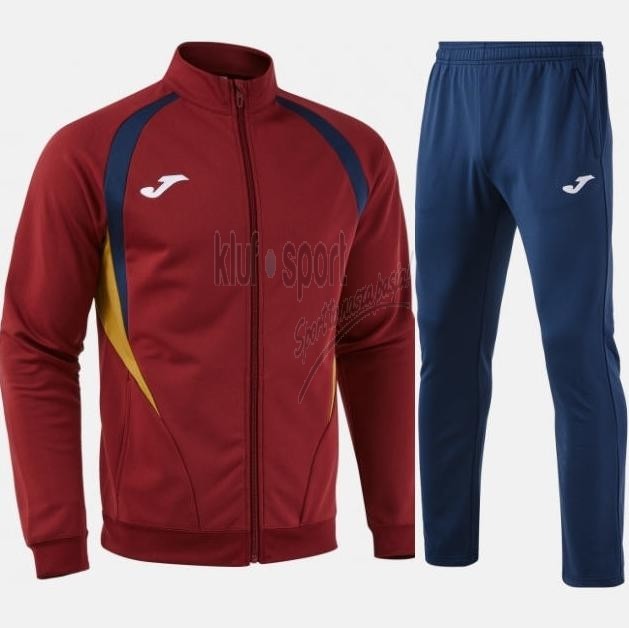 Męski dres treningowy Joma Champion 20 – bordowa bluza zapinana na zamek z białymi detalami oraz granatowe spodnie dresowe z logo Joma.