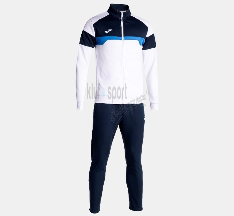 Męski dres treningowy Joma Danubio III – biała bluza zapinana na zamek z granatowymi wstawkami na ramionach i granatowe spodnie dresowe.