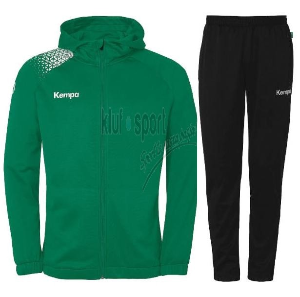 Męski dres treningowy Kempa – zielona bluza Ambition 28 z kapturem i białymi detalami oraz czarne spodnie dresowe Kempa Motion.