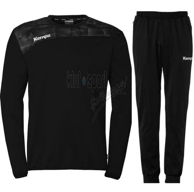 Męski dres treningowy Kempa Athletics 29 w kolorze czarnym z antracytowym wzorem na ramionach – komplet bluza i spodnie.