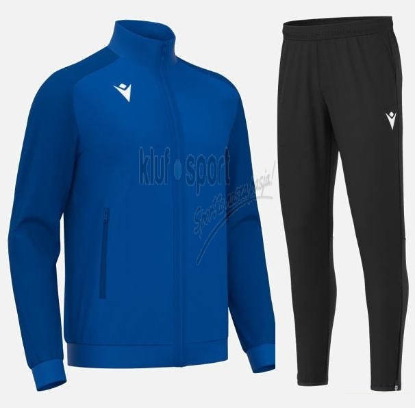 Męski dres treningowy Macron Anubis – niebieska bluza rozpinana i czarne dopasowane spodnie sportowe.