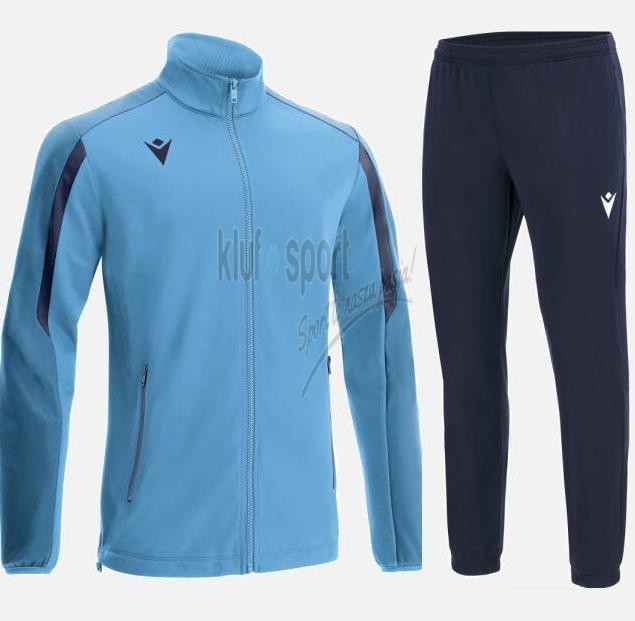 Męski dres treningowy Macron Seth – jasnoniebieska bluza rozpinana z ciemnymi pasami na rękawach i granatowe spodnie sportowe.