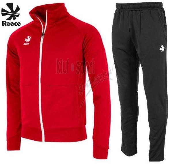 Męski dres sportowy Reece Australia Premium – czerwona bluza rozpinana z białą stójką i suwakiem oraz dopasowane czarne spodnie treningowe.