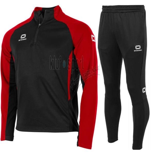 Męski dres treningowy Stanno Stadio – czarna bluza rozpinana ze stójką i czerwonymi rękawami oraz dopasowane czarne spodnie dresowe z białym logo.