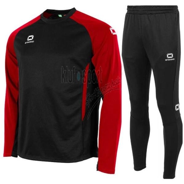 Męski dres treningowy Stanno Stadio – czarna bluza typu sweatshirt z czerwonymi rękawami raglanowymi oraz dopasowane czarne spodnie dresowe z logo Stanno.
