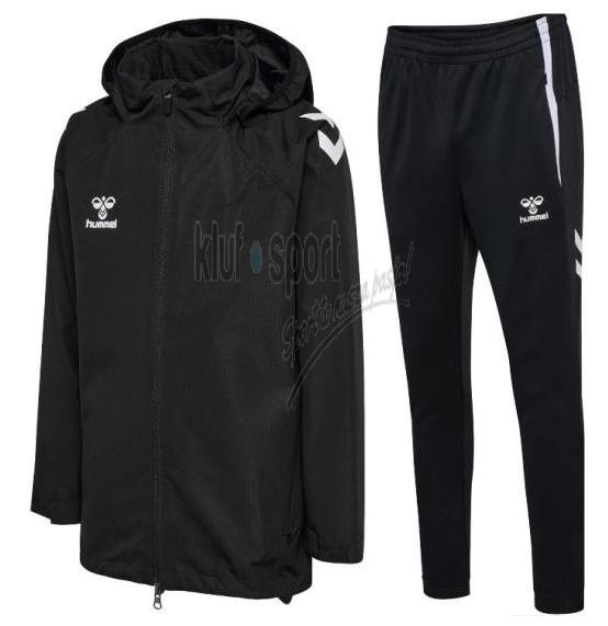 Męski komplet treningowy Hummel Lead 2.0 – czarna kurtka treningowa All-Weather zapinana na zamek oraz czarne techniczne spodnie dresowe Hummel.
