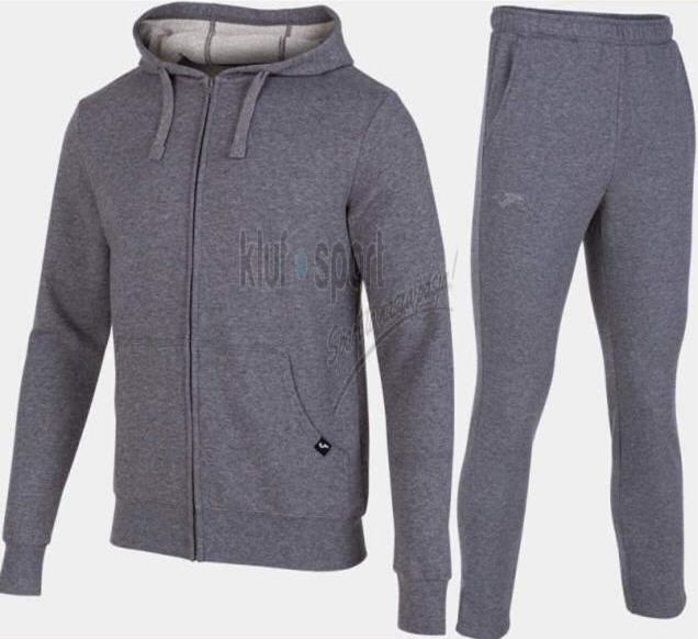 ęski dres bawełniany Joma Jungle – popielata rozpinana bluza z kapturem i czarnym logo oraz szare spodnie dresowe typu joggers ze ściągaczami.