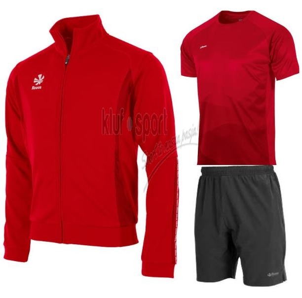 Męski komplet sportowy Reece Australia Shift – czerwona bluza treningowa na zamek, czerwona koszulka techniczna oraz czarne spodenki meczowe Major.
