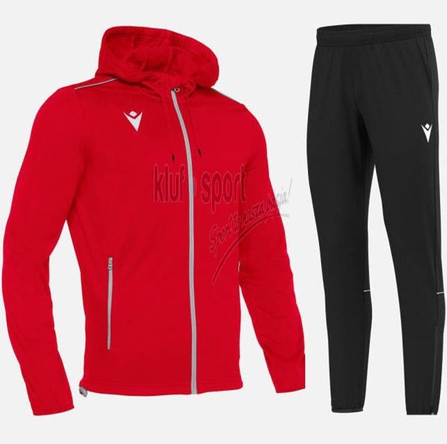 Męski dres treningowy Macron Freyr – niebieska bluza z kapturem rozpinana na zamek z jasnymi lamówkami oraz granatowe spodnie treningowe.