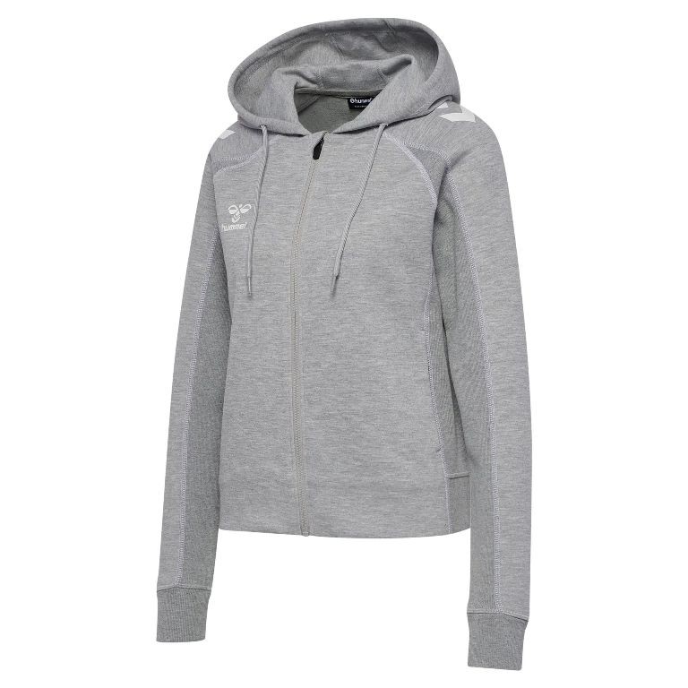 Damska szara bluza z kapturem Hummel Move 2.0 Cotton Zip – rozpinany model z białym logo na piersi i charakterystycznymi szewronami na ramionach.