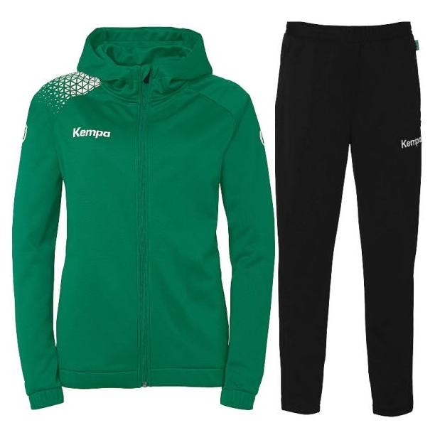 Damski dres treningowy Kempa – zielona bluza Ambition 28 z kapturem i białymi detalami oraz czarne spodnie dresowe Kempa Motion Women.