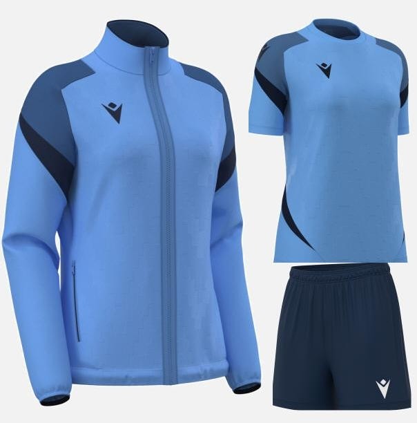 Damski komplet treningowy Macron Athena – niebieska bluza sportowa na zamek z granatowymi wstawkami, niebiesko-granatowa koszulka oraz granatowe spodenki.