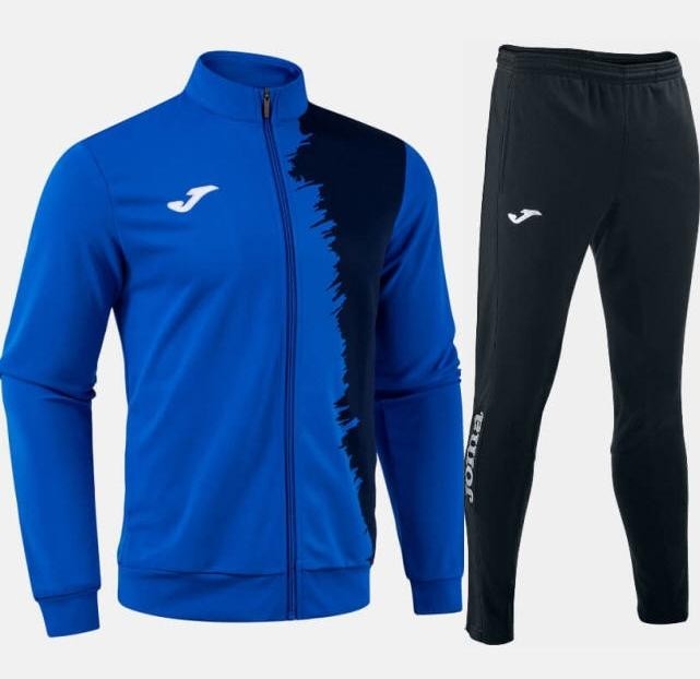 Męski dres treningowy Joma Picasho – niebieska bluza rozpinana na pełny zamek z granatowymi rękawami oraz granatowe spodnie dresowe Joma.