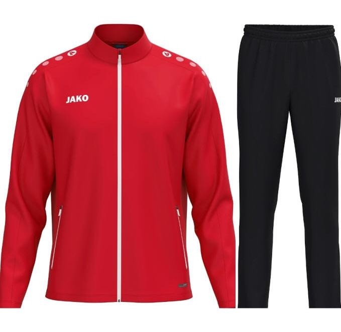 Męski dres reprezentacyjny JAKO One – czerwona rozpinana bluza wyjściowa ze stójką oraz czarne spodnie sportowe z lekkiej mikrofibry.