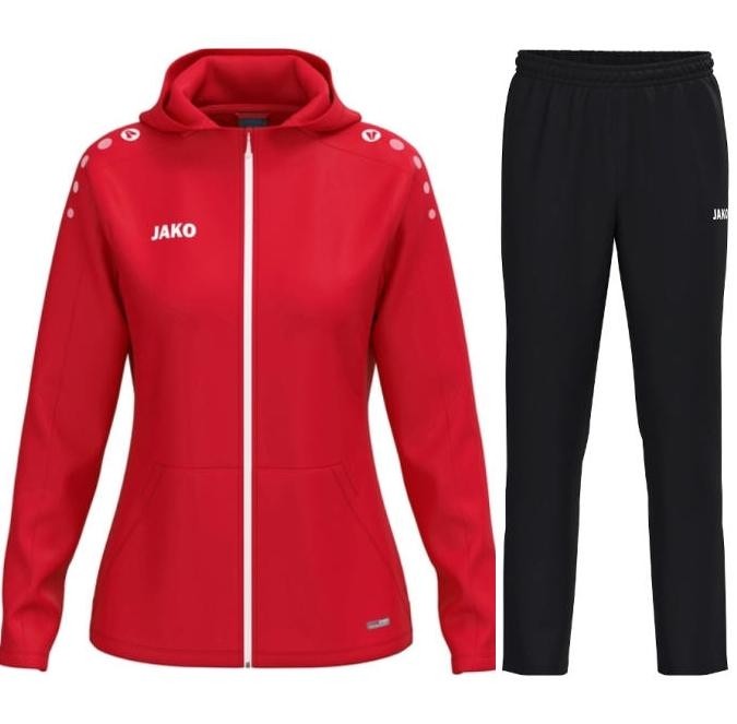 Damski dres sportowy JAKO One – czerwona rozpinana bluza z kapturem o damskim kroju i czarne spodnie sportowe z lekkiej tkaniny.