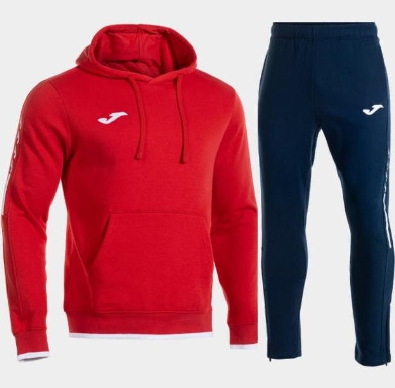 Męski dres bawełniany Joma Olimpiada – czerwona bluza z kapturem i białym logo na piersi oraz granatowe spodnie dresowe