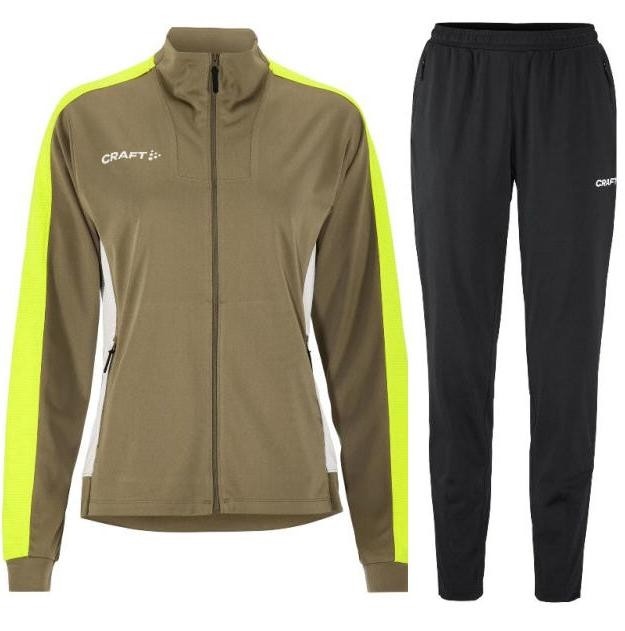 damski dres treningowy Craft Evolve Contrast – bluza z jaskrawymi pasami na rękawach oraz dopasowane czarne spodnie sportowe.