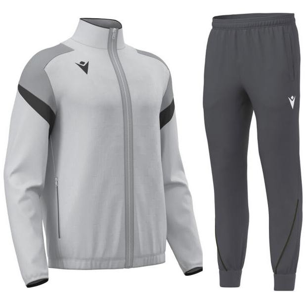 Popielaty męski dres tenisowy Macron Odin z rozpinaną bluzą i ciemnoszarymi spodniami