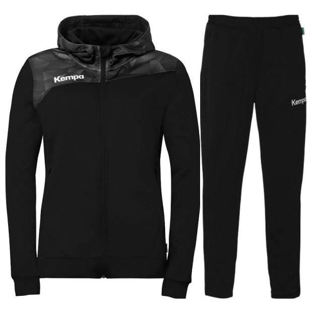 Damski dres treningowy Kempa – czarna rozpinana bluza z kapturem Athletics 29 oraz czarne spodnie treningowe Kempa Motion o dopasowanym fasonie.