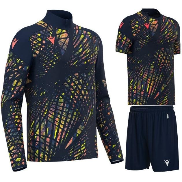 Męski komplet piłkarski Macron Starfall – granatowa bluza treningowa z pastelowymi detalami i zamkiem 1/4, granatowa koszulka meczowa oraz spodenki Skara.