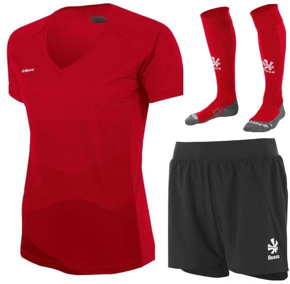 Damski komplet meczowy Reece Australia Shift – czerwona koszulka sportowa, czarne spodenki treningowe Major oraz czerwone getry meczowe Springs.