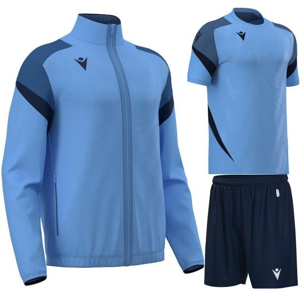 Męski komplet treningowy Macron – niebieska bluza Odin, niebieska koszulka meczowa Totem oraz granatowe spodenki sportowe Skara.